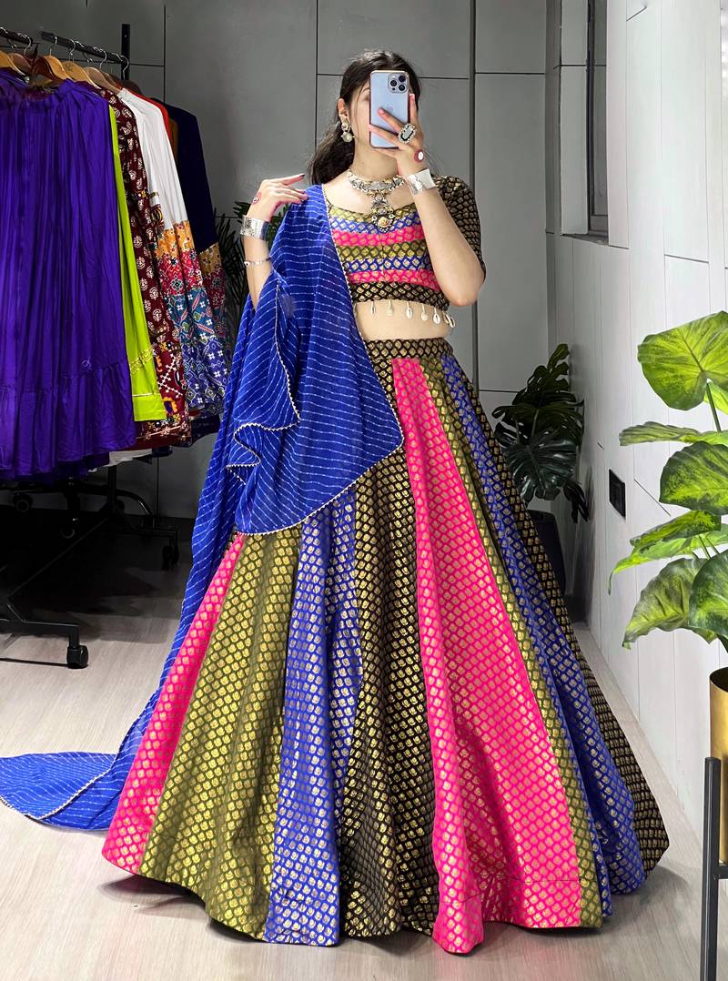 multi kali jacquard silk weaving lehenga chloi with dupatta - full stitched free size