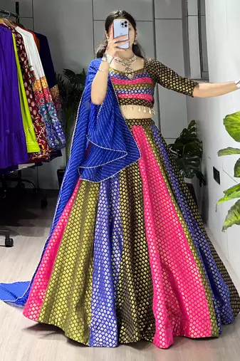 multi kali jacquard silk weaving lehenga chloi with dupatta - full stitched free size