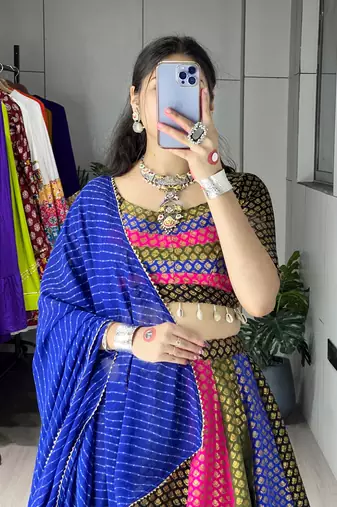multi kali jacquard silk weaving lehenga chloi with dupatta - full stitched free size