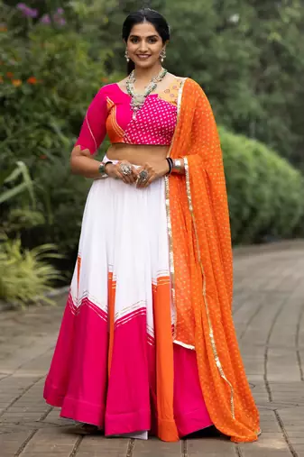 navratri collection white & orange flared lehenga set  pink bandhani blouse & dupatta - full stitched free size