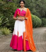 navratri collection white & orange flared lehenga set  pink bandhani blouse & dupatta - full stitched free size