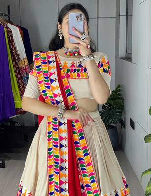 vanilla chaniya choli with traditional gamthi work - full stitched free size 4