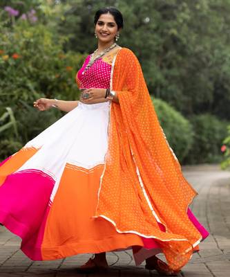 navratri collection white & orange flared lehenga set  pink bandhani blouse & dupatta - full stitched free size 2