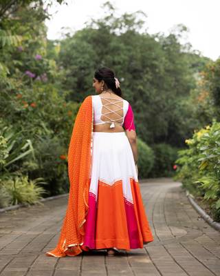 navratri collection white & orange flared lehenga set  pink bandhani blouse & dupatta - full stitched free size 3