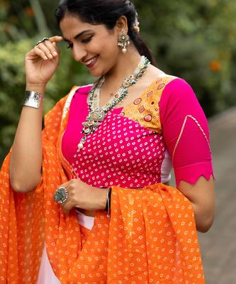 navratri collection white & orange flared lehenga set  pink bandhani blouse & dupatta - full stitched free size 4