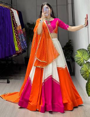 navratri collection white & orange flared lehenga set  pink bandhani blouse & dupatta - full stitched free size 1