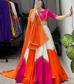 navratri collection white & orange flared lehenga set  pink bandhani blouse & dupatta - full stitched free size