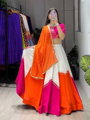 navratri collection white & orange flared lehenga set  pink bandhani blouse & dupatta - full stitched free size 2