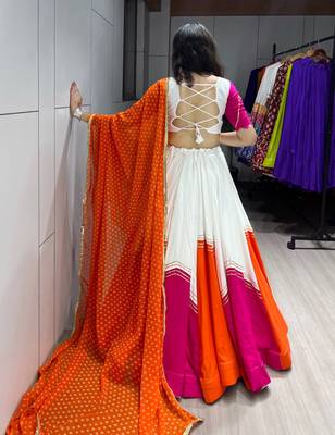 navratri collection white & orange flared lehenga set  pink bandhani blouse & dupatta - full stitched free size 3