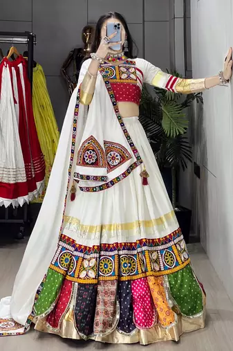 off - white heritage navratri lehenga choli with festive multi - patchwork border - full stitched free size