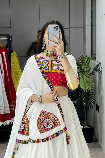 off - white heritage navratri lehenga choli with festive multi - patchwork border - full stitched free size