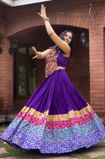 purple kutch work patola print rayon navratri lehenga choli