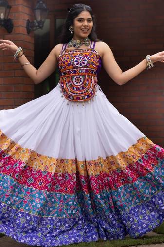white kutch work patola print rayon navratri lehenga choli