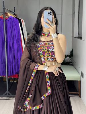 deep brown flared navratri lehenga choli with metallic zari borders & shell tassels - full stitched free size 3
