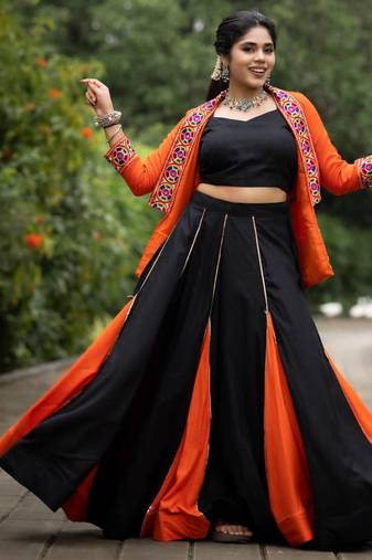 black & orange lehenga with koti and blouse navratri collection - full stitched free size