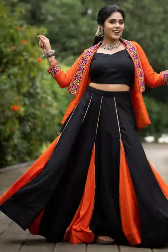 black & orange lehenga with koti and blouse navratri collection - full stitched free size
