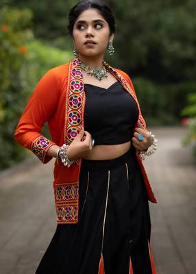 black & orange lehenga with koti and blouse navratri collection - full stitched free size 3