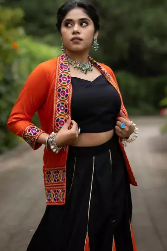 black & orange lehenga with koti and blouse navratri collection - full stitched free size