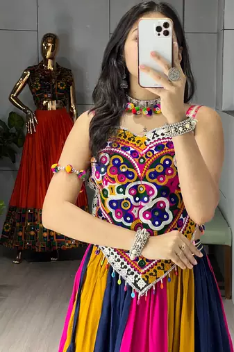 navratri special free size multi lehenga & fancy kucth work blouse - full stitched free size