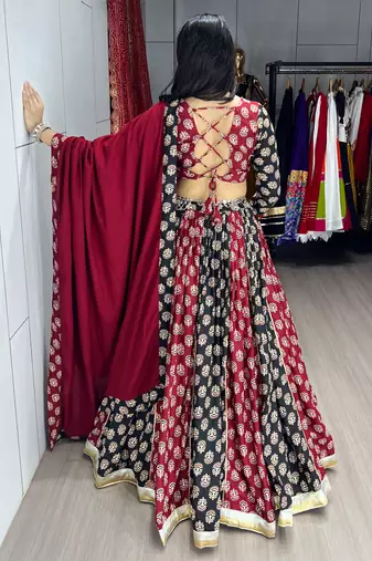 ajarakh prints royon fabric chaniya choli with dupatta - full stitched free size