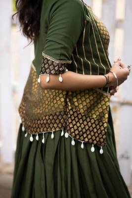 mehendi rayon cotton chaniya choli & jacket - full stitched free size 4