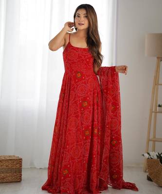 Women's Beautiful Printed Chiffon Bandhej Fabric Flared Anarkali Pant and Dupatta Set 1