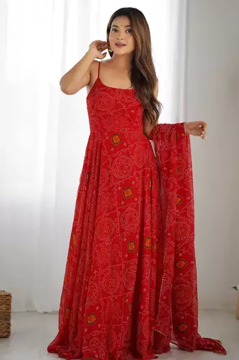 Women's Beautiful Printed Chiffon Bandhej Fabric Flared Anarkali Pant and Dupatta Set