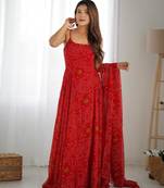 Women's Beautiful Printed Chiffon Bandhej Fabric Flared Anarkali Pant and Dupatta Set