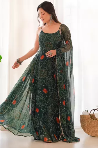 Women's Beautiful Printed Chiffon Bandhej Fabric Flared Anarkali Pant and Dupatta Set