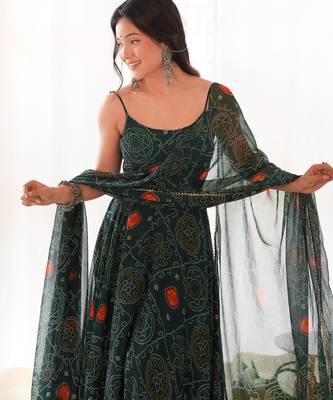 Women's Beautiful Printed Chiffon Bandhej Fabric Flared Anarkali Pant and Dupatta Set 2