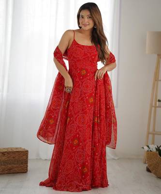 Women's Beautiful Printed Chiffon Bandhej Fabric Flared Anarkali Pant and Dupatta Set 5