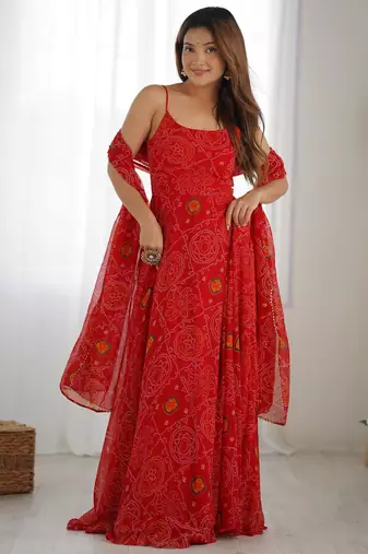 Women's Beautiful Printed Chiffon Bandhej Fabric Flared Anarkali Pant and Dupatta Set