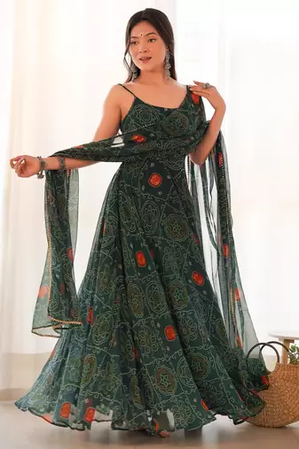Women's Beautiful Printed Chiffon Bandhej Fabric Flared Anarkali Pant and Dupatta Set