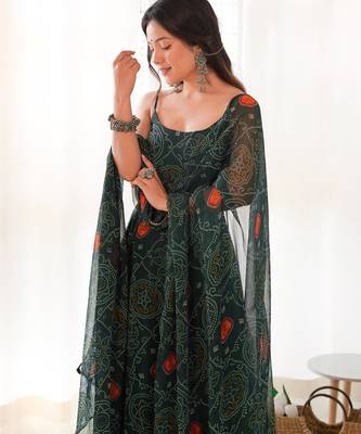 Women's Beautiful Printed Chiffon Bandhej Fabric Flared Anarkali Pant and Dupatta Set 5