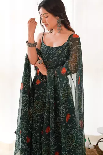 Women's Beautiful Printed Chiffon Bandhej Fabric Flared Anarkali Pant and Dupatta Set