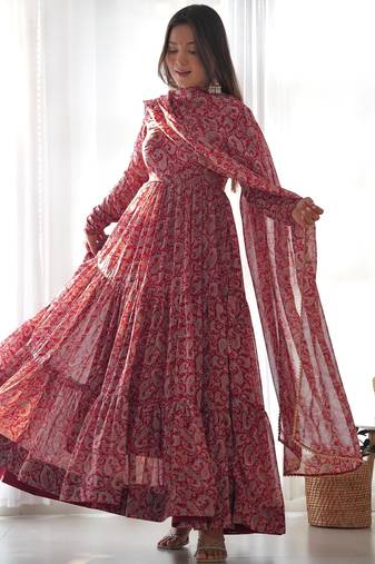 Women's Beautiful Printed Fox Georgette Fabric Flared Anarkali Pant and Dupatta Set