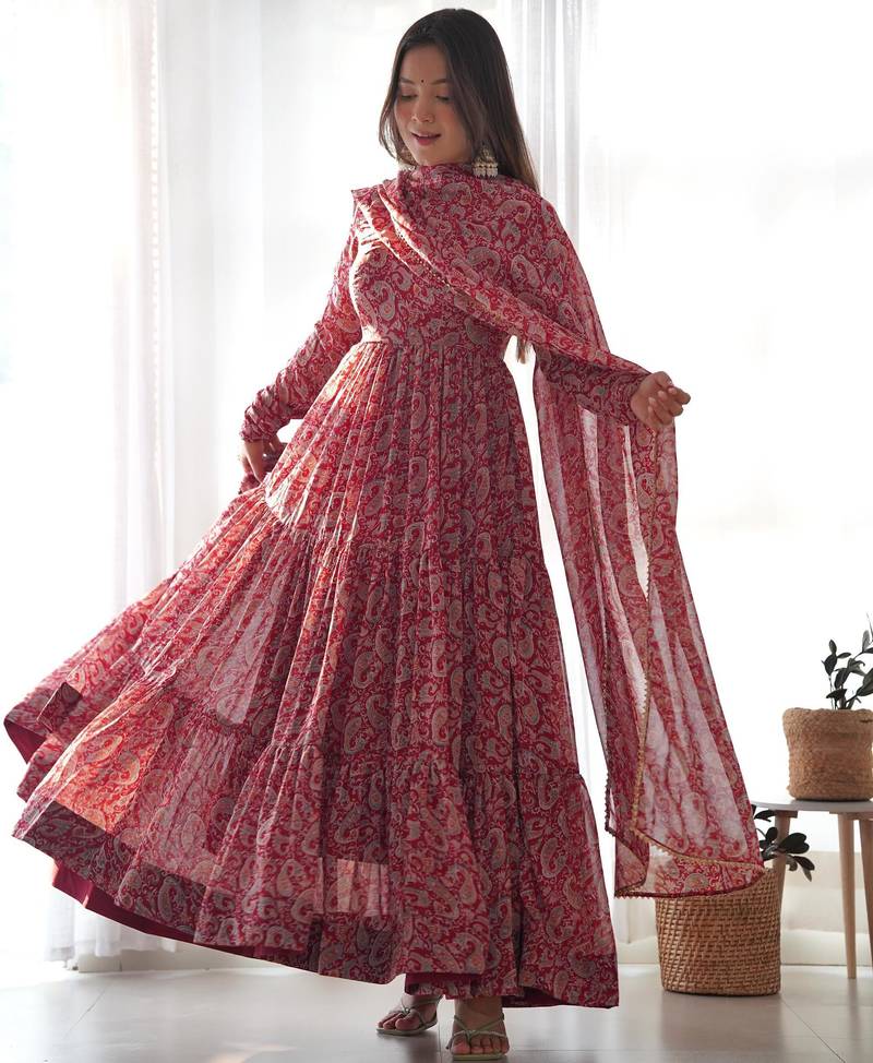 Women's Beautiful Printed Fox Georgette Fabric Flared Anarkali Pant and Dupatta Set
