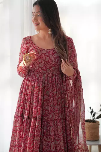 Women's Beautiful Printed Fox Georgette Fabric Flared Anarkali Pant and Dupatta Set