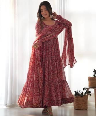Women's Beautiful Printed Fox Georgette Fabric Flared Anarkali Pant and Dupatta Set 4