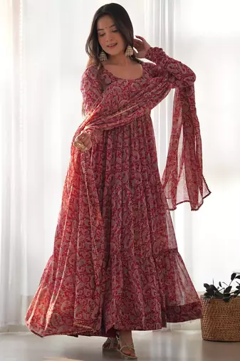 Women's Beautiful Printed Fox Georgette Fabric Flared Anarkali Pant and Dupatta Set