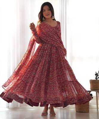 Women's Beautiful Printed Fox Georgette Fabric Flared Anarkali Pant and Dupatta Set 5