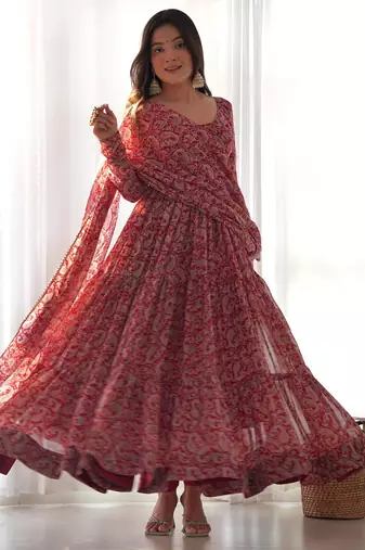Women's Beautiful Printed Fox Georgette Fabric Flared Anarkali Pant and Dupatta Set
