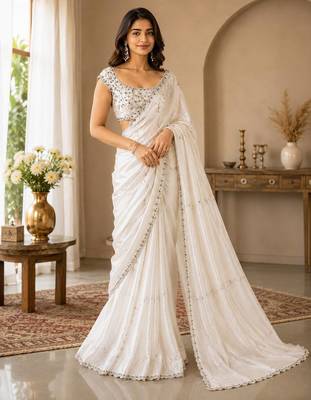 White space silk saree with jarkan & stone work 1