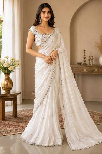 White space silk saree with jarkan & stone work