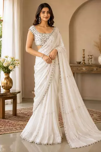 White space silk saree with jarkan & stone work