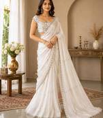 White space silk saree with jarkan & stone work