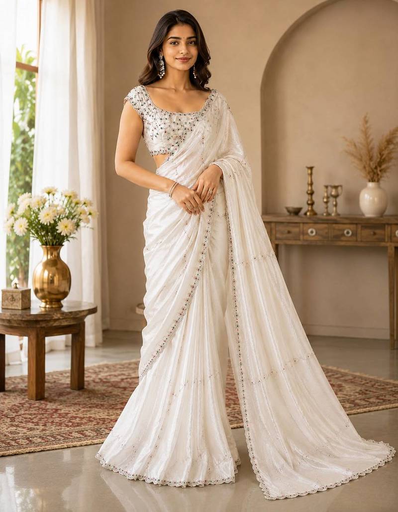 White space silk saree with jarkan & stone work