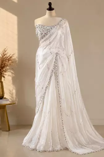 White space silk saree with jarkan & stone work