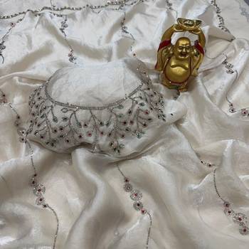 White space silk saree with jarkan & stone work 4