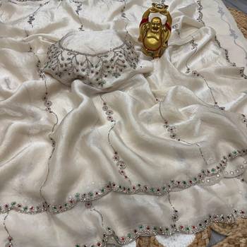 White space silk saree with jarkan & stone work 5